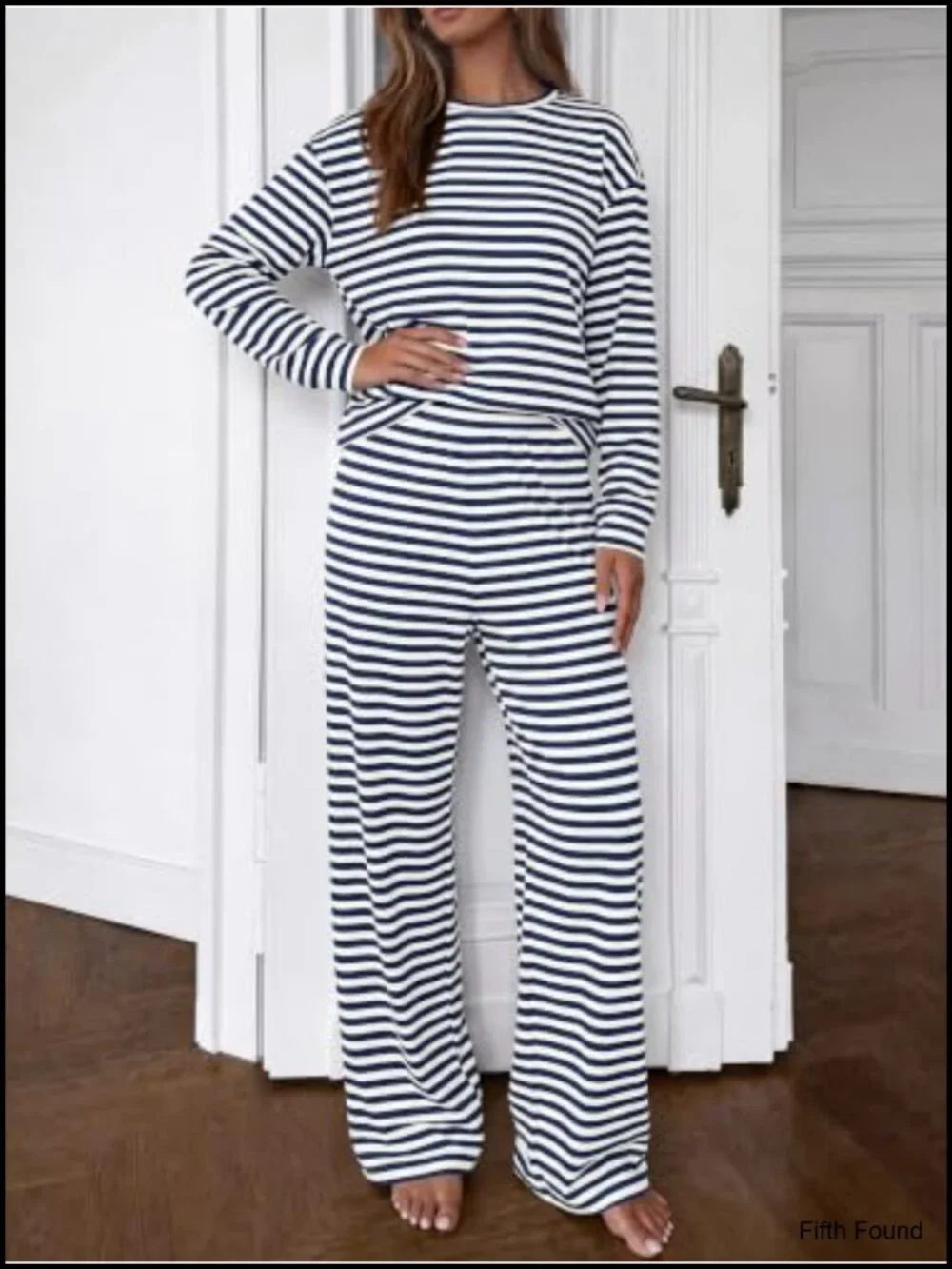 Striped Lounge Set with Wide Leg Pants, 95% Cotton 5% Elastane